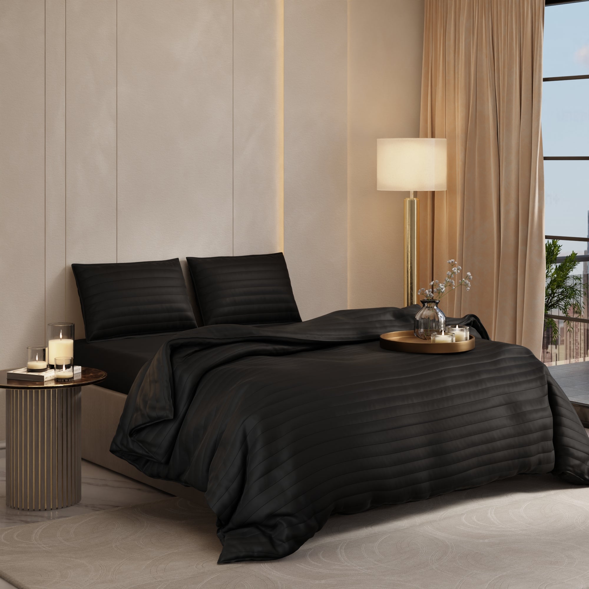 Midnight Black Quilted King Bed Cover Set