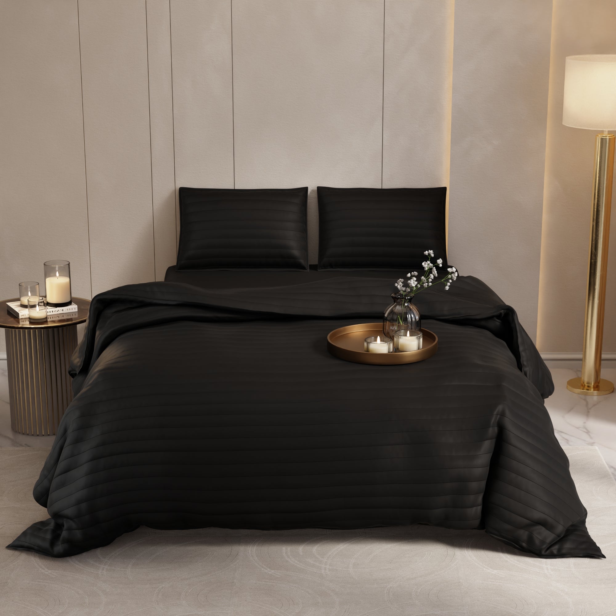 Midnight Black Quilted King Bed Cover Set