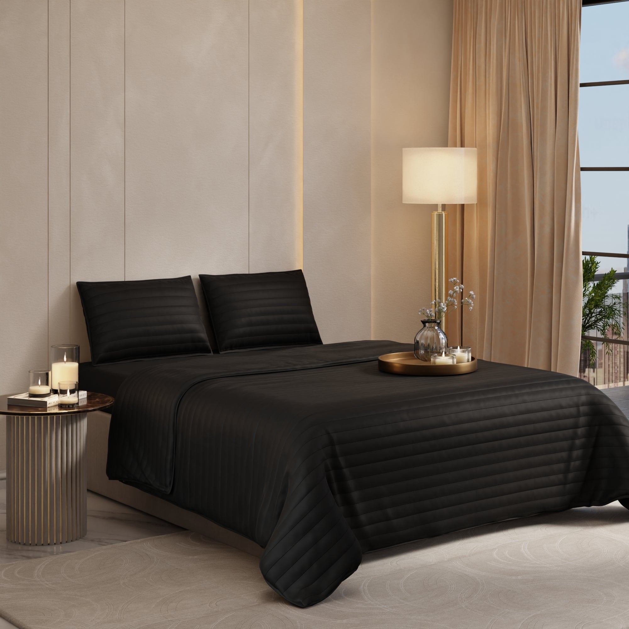 Midnight Black Quilted King Bed Cover Set