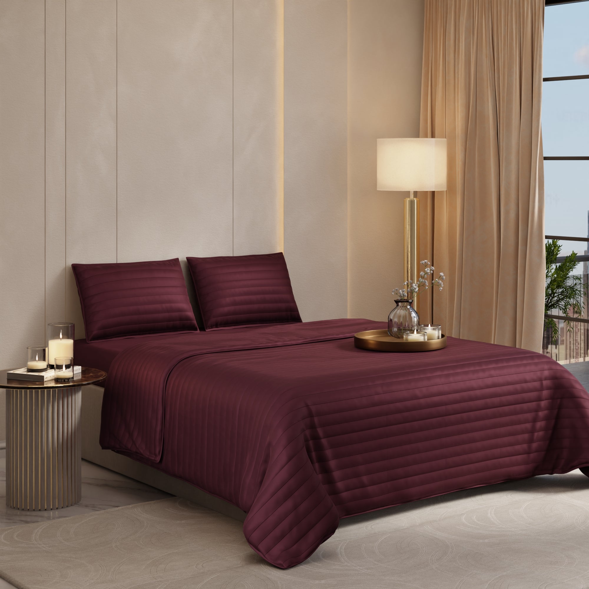 Velvet Wine Quilted King Bed Cover Set