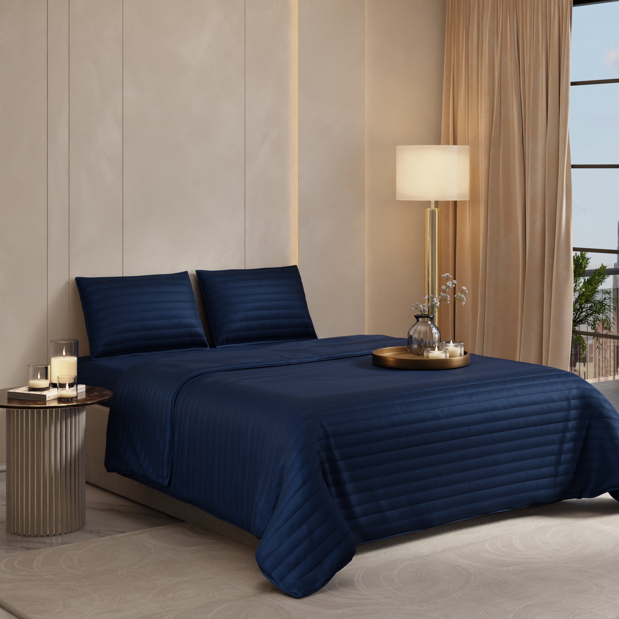 Mystique Blue Quilted King Bed Cover Set