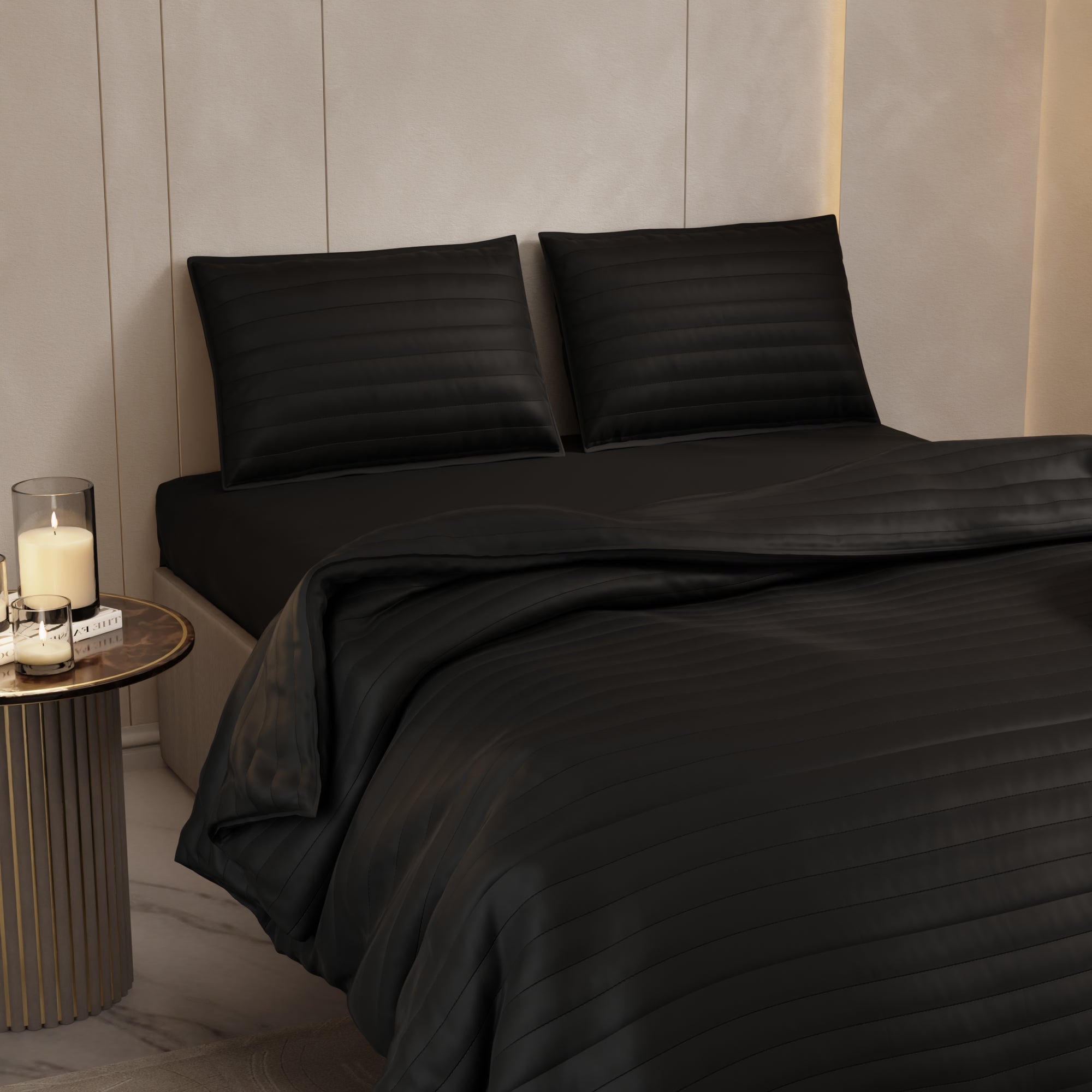 Midnight Black Quilted King Bed Cover Set