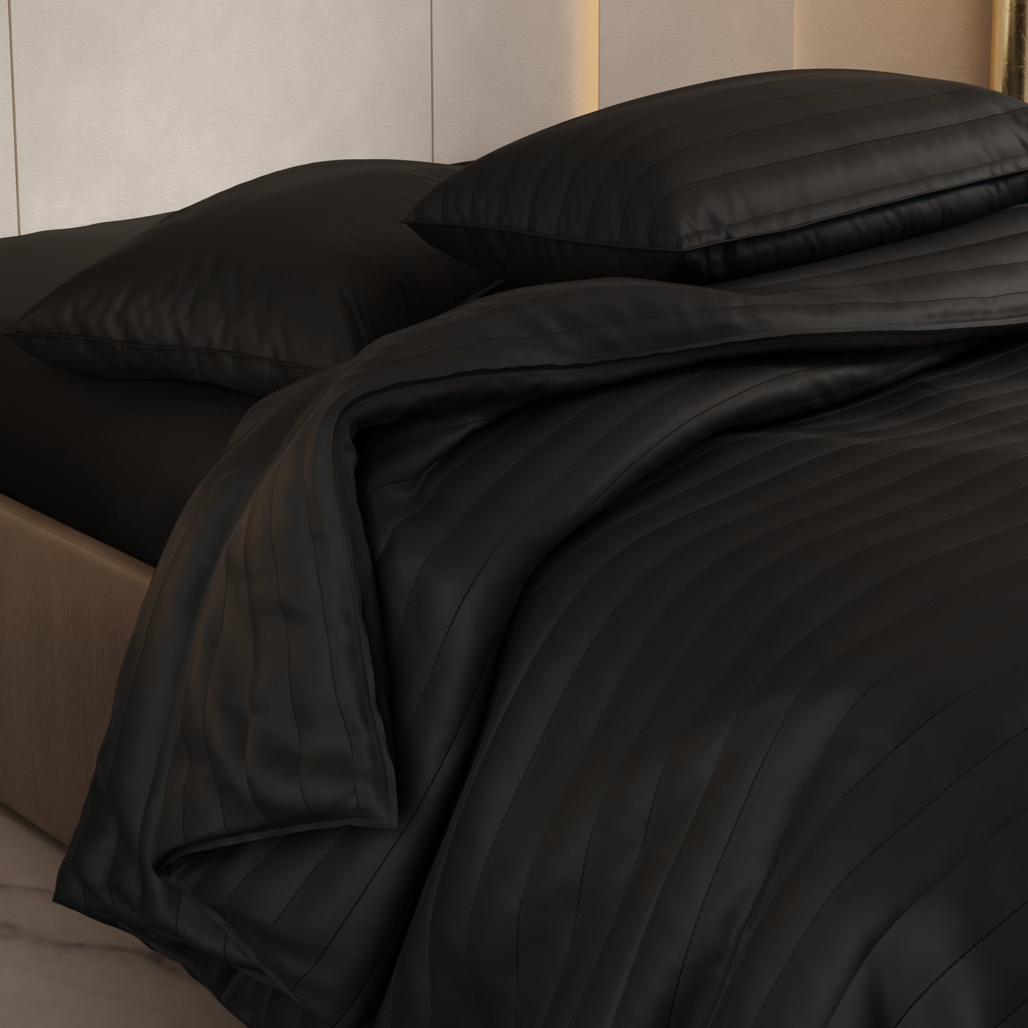 Midnight Black Quilted King Bed Cover Set