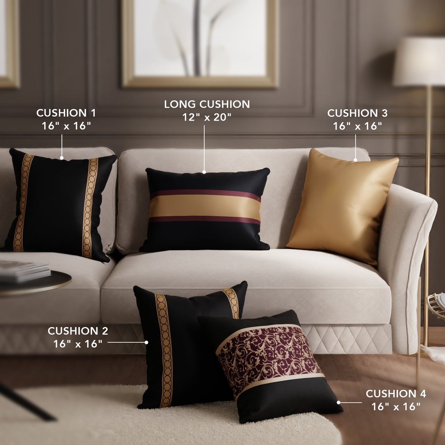 Gilded Noir Cushion Cover Set of 5 Combo (with fillers)