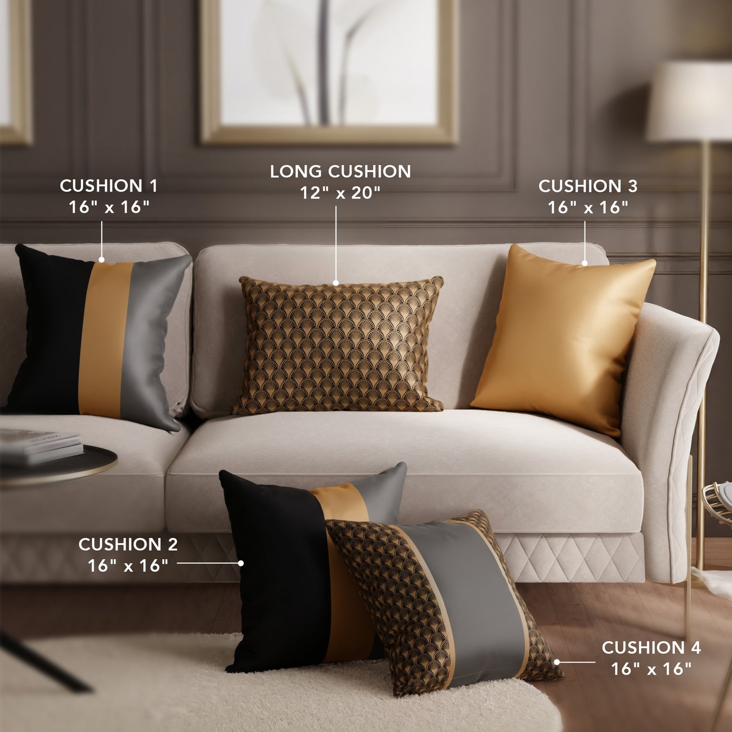 Golden Luxe Cushion Cover Set of 5 Combo (with fillers)