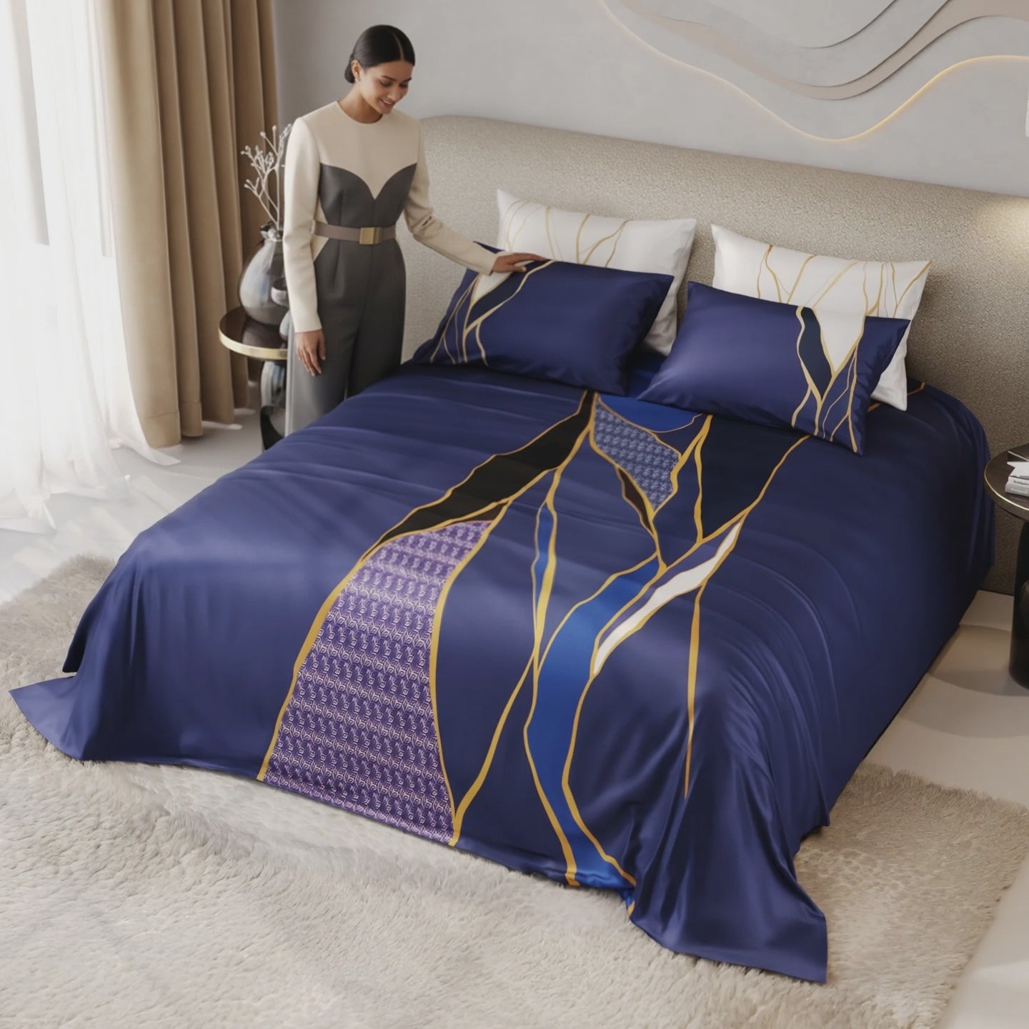 Load video: Indigo Fragment Enriched Cotton Bedsheet Set