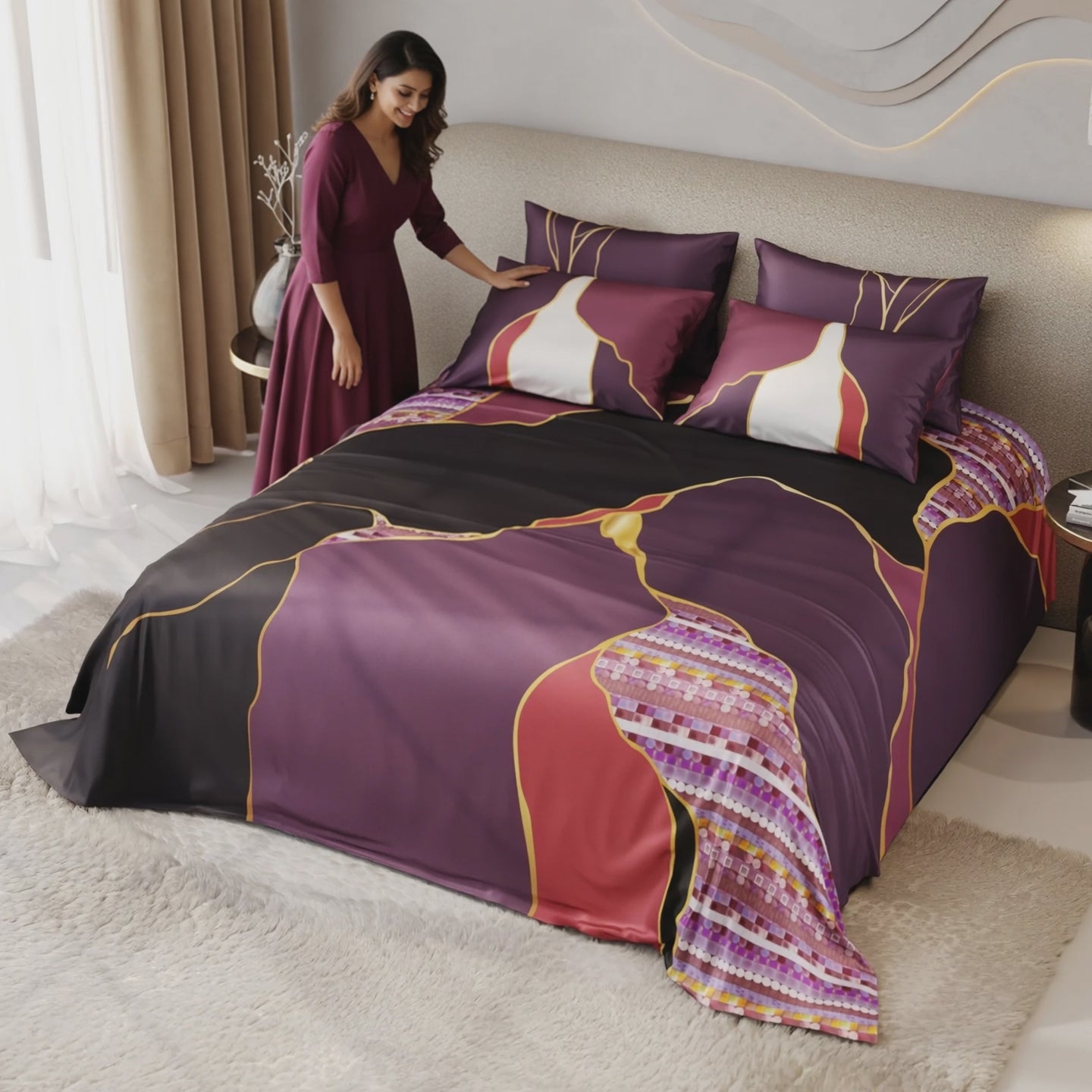 Load video: Ruby Rhapsody Enriched Cotton Bedsheet Set