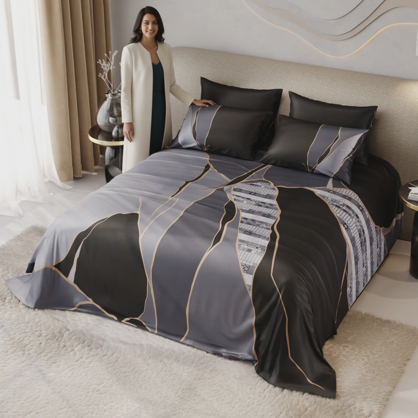 Load video: Charcoal Mirage Enriched Cotton Bedsheet Set