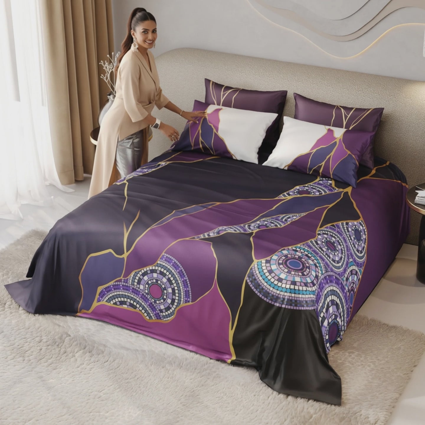 Load video: Burgundy Prism Enriched Cotton Bedsheet Set