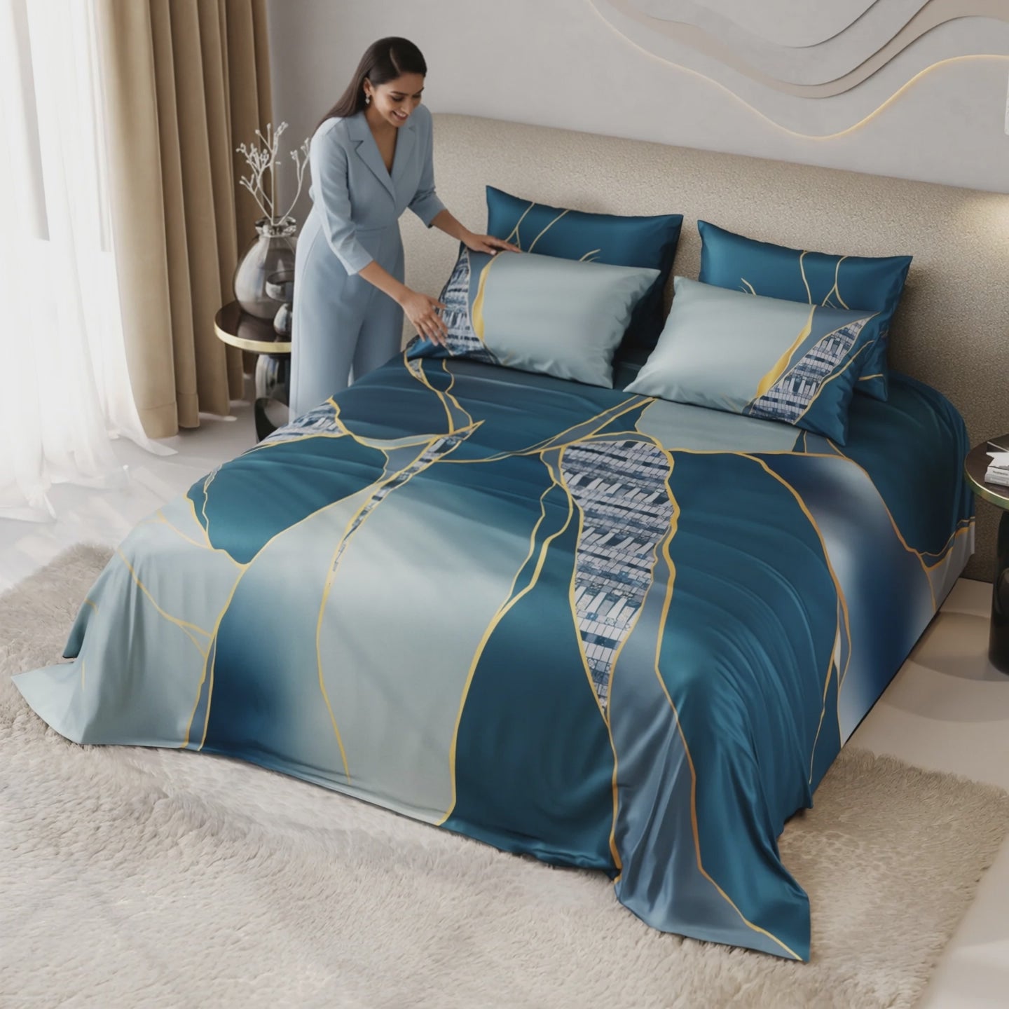 Load video: Teal Trance Enriched Cotton Bedsheet Set