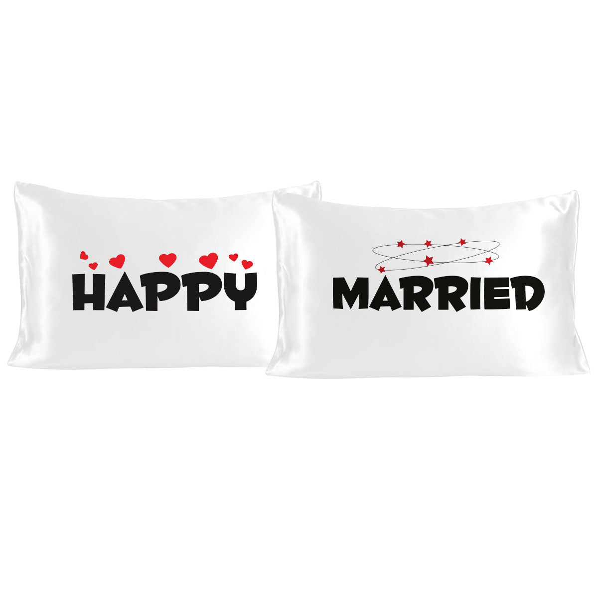 White Satin Silky Pillow Covers Set, Luxury Soft, Smooth Feel with Love Messages from "Happy Married" Stoa Paris Pillow Tok Collection
