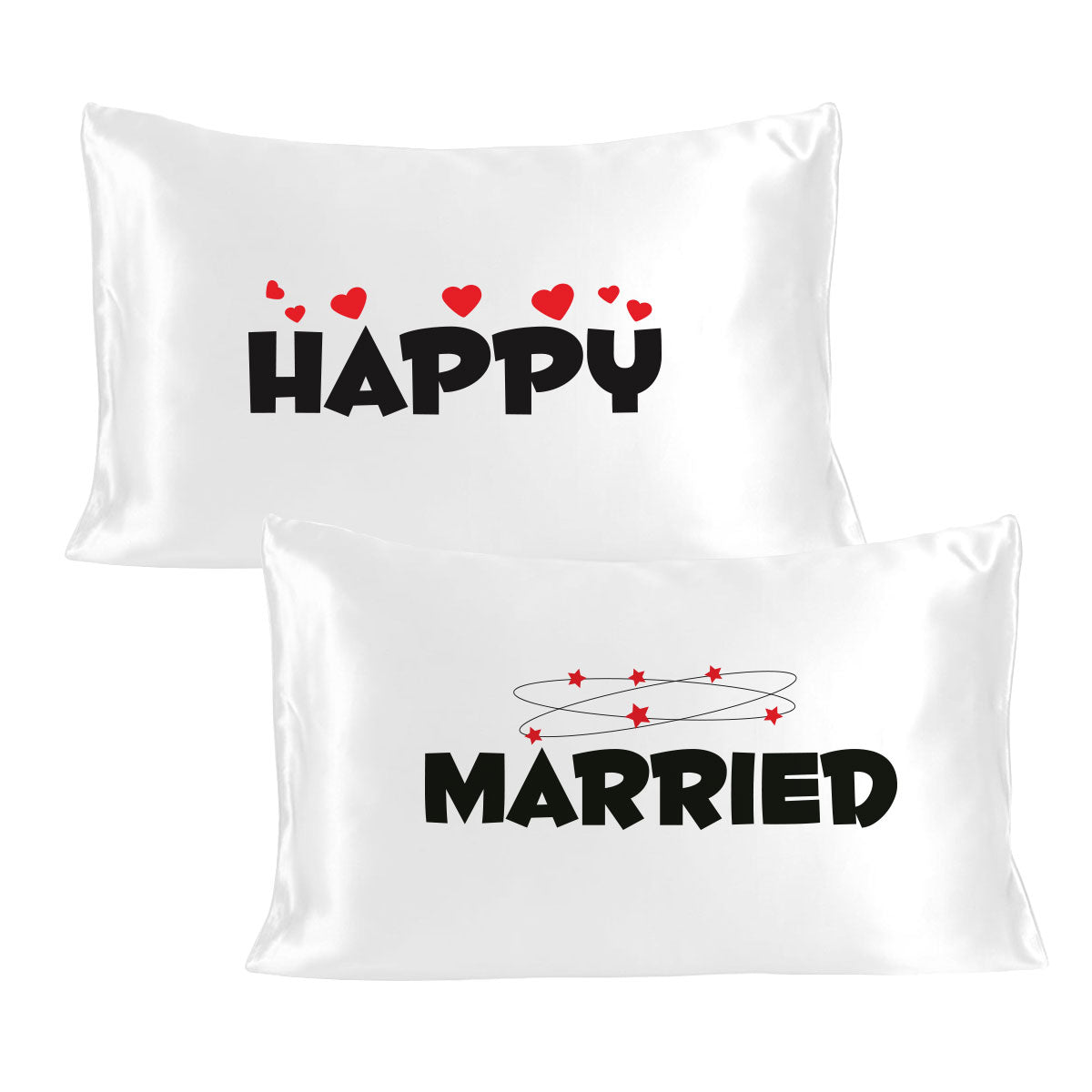 White Satin Silky Pillow Covers Set, Luxury Soft, Smooth Feel with Love Messages from "Happy Married" Stoa Paris Pillow Tok Collection